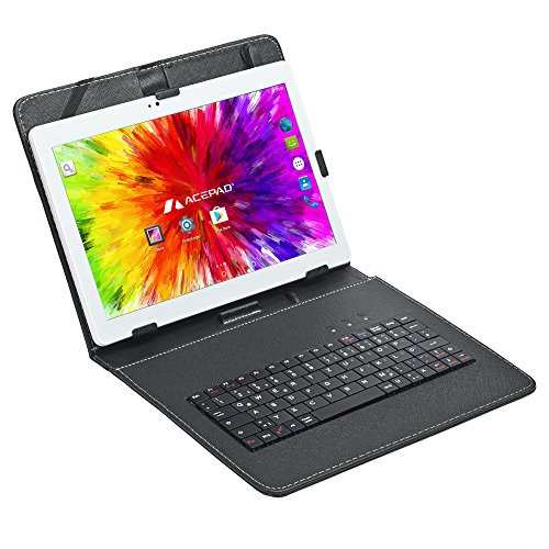 ACEPAD A121 (10.1') 3G Tablet PC, 2GB RAM, 64GB Speicher, Dual-SIM, Android 7.0, IPS HD 1280x800, Quad Core CPU, WIFI/WLAN/Bluetooth, USB/SD (Weiß mit Tastaturtasche)