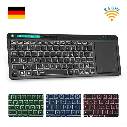 Rii K18 Plus Kabellose Touchpad Tastatur, 2.4G Multimedia Tastatur mit 3 LED Hintergrundbeleuchtung für PC/Laptop/Linux/fire Stick/Windows 2000 XP Vista 7 8 10/Smart TV/HTPC(Deutsch Layout,Schwarz)