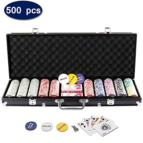 Display4top Pokerkoffer 500 Chips Laser Pokerchips Poker 12 Gramm , 2 Karten, Händler, Small Blind, Big Blind Tasten und 5 Würfel, Schwarz mit Aluminium-Gehäuse