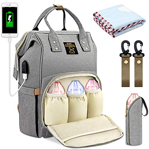 OUSI Baby Wickelrucksack Wickeltasche, multifunktionale wasserdichte Babytasche für Mama und Papa, Oxford Windelrucksack mit USB-Ladeanschluss, Kinderwagengurte, Wärmetaschen und Kindertuch - grau