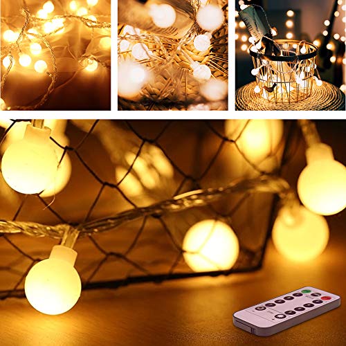 Opard Lichterkette, 50 LED Globe Lichterkette Warmweiß 5M 8 Modi Fernbedienung Zeitschaltuhr 20 Clips Batteriebetriebene IP44 Wasserdicht, Ideal für Innen und Außen Weihnachtsdeko usw