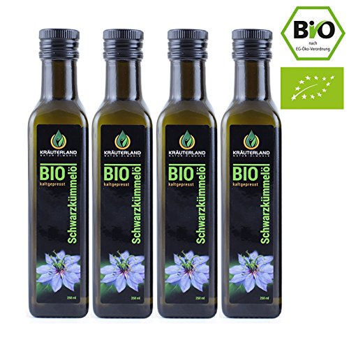 BIO Schwarzkümmelöl BIO • 4x 250 ml • gefiltert • kaltgepresst • ägyptisch • 100% naturrein • Frischegarantie: täglich mühlenfrisch direkt vom Hersteller Kräuterland Natur-Ölmühle