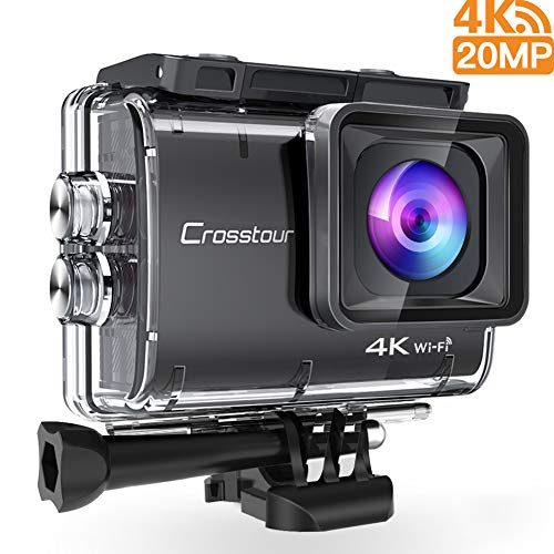 Crosstour Action Cam Echte 4K 20MP WiFi Unterwasser 40M Kamera Anti-Shake Zeitraffer & Loop-Aufnahme Plus 2 Wiederaufladbare 1350mAh Akkus USB-Ladegerät und Zubehör-Sets