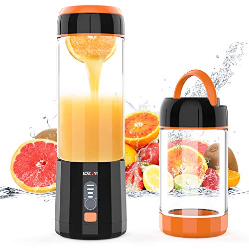 Slow Juicer, LOZAYI Entsafter mit 6 Edelstahlmesser, Smoothie Maker Mixer mit 4000mAh Batterie, USB Wiederaufladbar und 480ML Kapazität, Geeignet für Familien, Camping und Sportarten