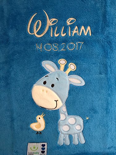 Babydecke bestickt mit Name und Geburtsdatum/kuschelig weich / 1A Qualität (Blau - GIRAFFE)