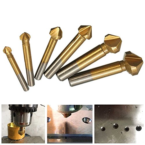 Fortag 6 tlg 3 Flöte 90° Kegelsenker Satz Titan-beschichtet Kegelsenkersatz Senker Senkbohrer Senkbohrung Versenker Entgrater Set 6.3-20.5 mm