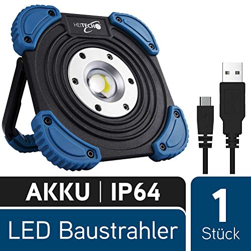 HEITECH LED Akku Baustrahler 10W - Werkstattlampe mit 1400 Lumen, 60m Leuchtweite, COB LED, aufladbar über USB, dimmbar, stoßfest, spritzwassergeschützt IP64 - LED Arbeitsleuchte Akkulampe Strahler
