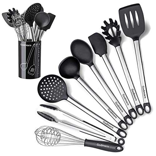 Silikon Küchenhelfer Set, Godmorn Küchenutensilien 8+1, Silikon & Edelstahl-Kit, Für Töpfe und Pfannen, Zange, Spaghettilöffel, Spatel, Kochlöffel, Schöpflöffel, Pfannenwender, Schaumlöffel, Schneebesen, Speichereimer