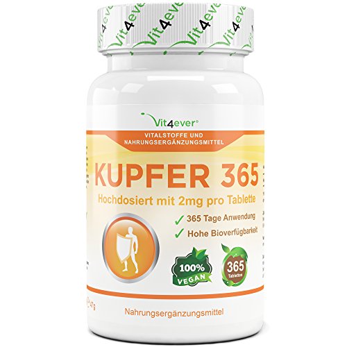 Kupfer 365 - 2 mg elementarem Kupfer pro Tablette - 365 Tabletten - Vegan - Hohe Bioverfügbarkeit - Kupfergluconat - Vit4ever