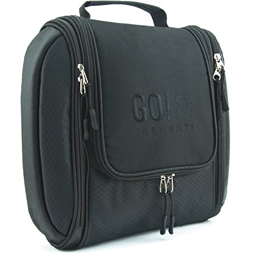 Große Premium Kulturtasche von GO!elements zum Aufhängen mit Spiegel für Männer & Frauen - Kulturbeutel mit 360° Metallhaken - Waschtasche (Schwarz)