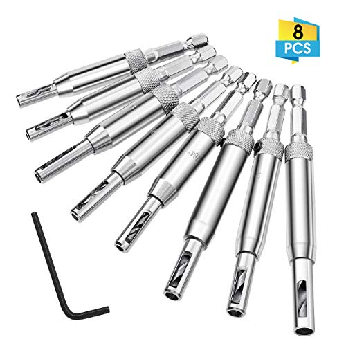 LIUMY 9 Stk.Scharnierbohrer Set Selbstzentrierend Bohrer Set Hardware Bohrer Positioniert Pilot Loch Holz für Scharniere Schubladenführungen 7 Größen + 1 Sechskantstiftschlüssel