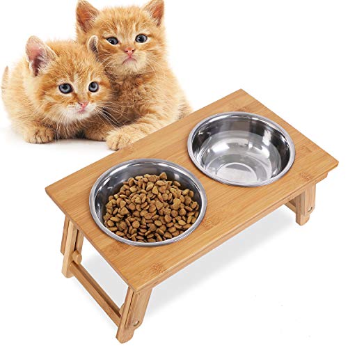 PEDY Hundebar Höhenverstellbar Bambus Doppel-futternapf für Kleine Große Mittlere Hunde 4 Schüsseln