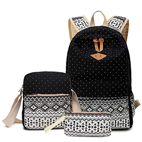 Rucksack Canvas Schulrucksack Set+Schultertasche+Geldbeutel/Mäppchen Causal Freizeitrucksack Daypacks Backpack für Mädchen Jungen & Kinder Jugendliche Damen Herren(Vintage-Schwarz)