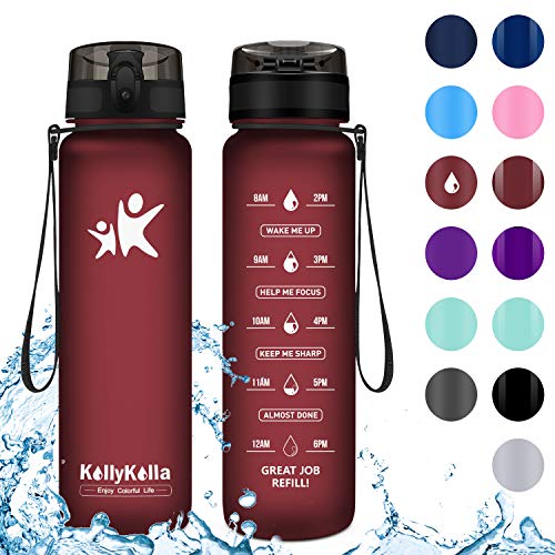 KollyKolla Trinkflasche - BPA-frei Auslaufsicher Sport Wasserflasche, 1000ml Tritan Sportflasche Kohlensäure Geeignet Kunststoff mit Filter für Kinder, Schule, Baby, Fahrrad, Gym, Matte Dunkelrot