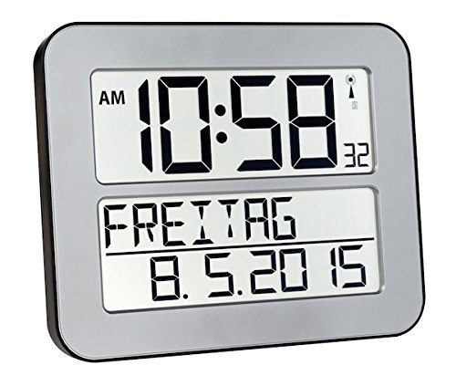 TFA Dostmann TimeLine Max Funkuhr, Wanduhr, digital, mit Wochentag und Weckfunktion, silber, 60.4512.54