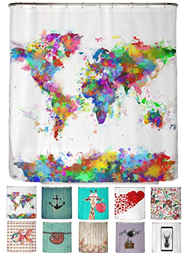 arteneur - Weltkarte - Anti-Schimmel Duschvorhang 180x200 - Beschwerter Saum, Blickdicht, Wasserdicht, Waschbar, 12 Ringe & E-Book mit Reinigungs-Tipps