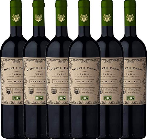 6er Paket - Doppio Passo Bio Primitivo Puglia IGT 2018 - CVCB mit VINELLO.weinausgießer | halbtrockener Rotwein | italienischer Bio-Wein aus Apulien | 6 x 0,75 Liter