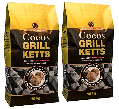 Holzkohlewerk Lüneburg Cocos Grillketts Premium Grillbriketts aus Kokos-Kohle - 20kg - extra lange Brenndauer - ideal für Dutch Oven, Smoker und Lotus-Grill