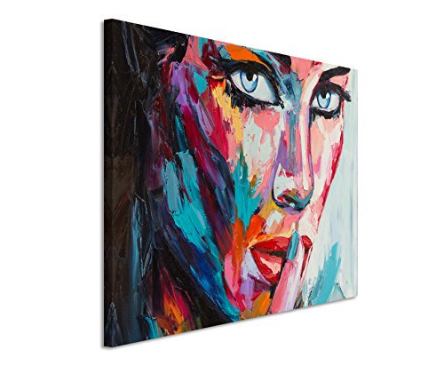 XXL Fotoleinwand 120x80cm Buntes modernes Ölgemälde – Frau mit blauen Augen auf Leinwand exklusives Wandbild moderne Fotografie für ihre Wand in vielen Größen