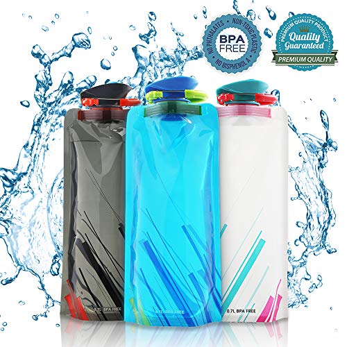 Nasharia 700ML Faltbare Wasserflaschen Set von 3 ━ BPA Frei, Wiederverwendbar Trinkrucksäcke für Wandern,Abenteuer,Reisen,Bergsteigen,Camping usw.