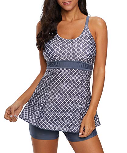 Durio Tankini Damen Bauchweg Badebekleidung Zweiteiliger Badeanzug mit Hot Pants Graue Karo EU 38-40 (Herstellergröße M)