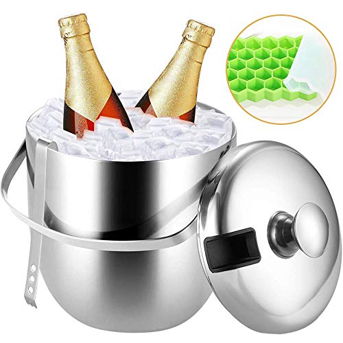 2.8L Eiseimer 304-Edelstahl/eiskübel Lebensmittelechter Edelstahl / doppelstöckiger Eiswürfelbehälter Edelstahl Eiseimer Eisbehälter mit Zange und Deckel & 37-Fach Eiswürfelform SilikonMit Deckel