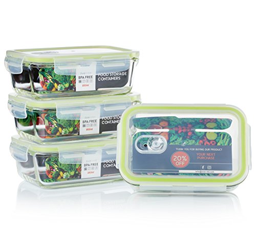 Zoë&Mii 8-Teiliges Set 850ml Lebensmittelbehälter aus Glas - Brotzeitboxen, Smart-Lock-Deckel, Luftdicht, Glasbehalter,Frischhaltedosen, Luftdicht - GlasBehälter, Vorratsdosen, BPA-Frei