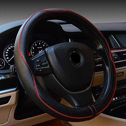 Universal Auto Lenkradhülle Lenkrad Abdeckung Heavy Duty Lenkradbezug aus echtes Leder 38CM / 15'' Anti Rutsch Lenkradabdeckung Lenkradschoner - Schwarz & Rot