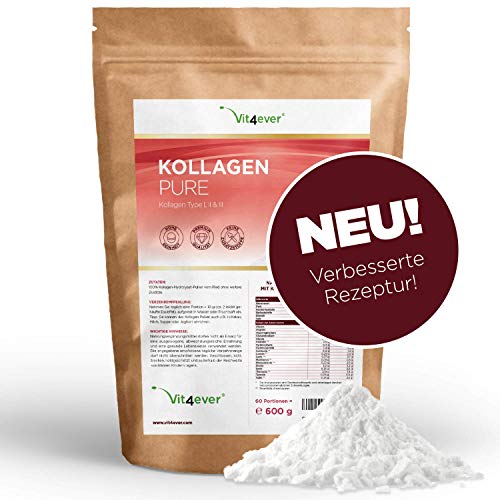 Vit4ever Kollagen Pulver - 600 g - Einführungspreis - Collagen Hydrolysat ohne Zusätze - Laborgeprüft - Geschmacksneutral - Eiweiß-Pulver – Kollagen Peptide Typ 1 2 3 - Protein Lift Drink