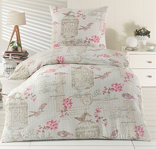 4tlg Bettwäsche Set Microfaser Seersucker Rose Neu mit RV 135x200 + 80x80