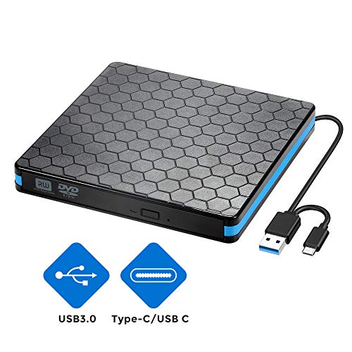 Externes CD/DVD Laufwerk Brenner USB 3.0 und Typ-C-Schnittstelle, Tragabar Externe DVD-RW DVD/CD,kompatibel mit Win10 /8/7/XP,Laptop,Mac/MacBook Air/Pro/iMac/PC