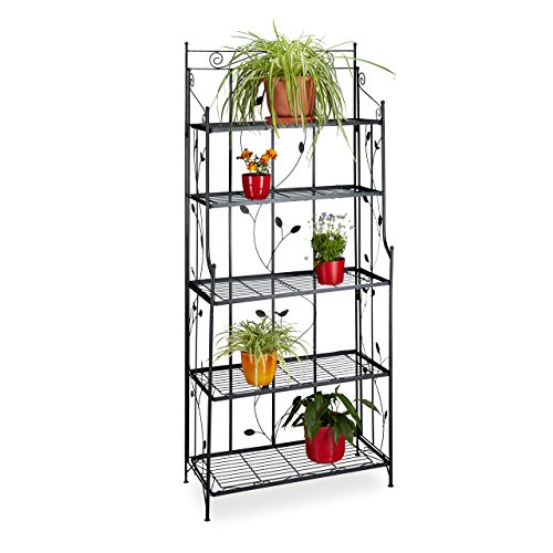 Relaxdays Pflanzenregal Metall GOTH 5-stufig, Pflanzentreppe, Verzierung, Antik Stil, HxBxT: 173 x 73 x 34 cm, schwarz