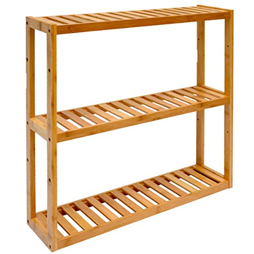 DuneDesign Wandregal 54x60x15cm Bambus Bad-Regal 3 Fächer Holz Ablage Badezimmer Hängeregal Aufbewahrung Küche