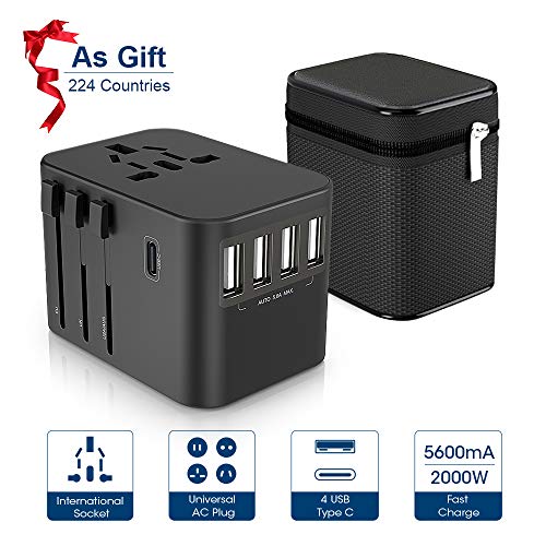 Reiseadapter ZeaLife Universal Reisestecker mit 4 USB Ports + Typ C und AC Steckdose Internationale Netzadapter mit Tasche, Weltweit Travel Adapter für Europa Deutschland UK Australien USA China Usw
