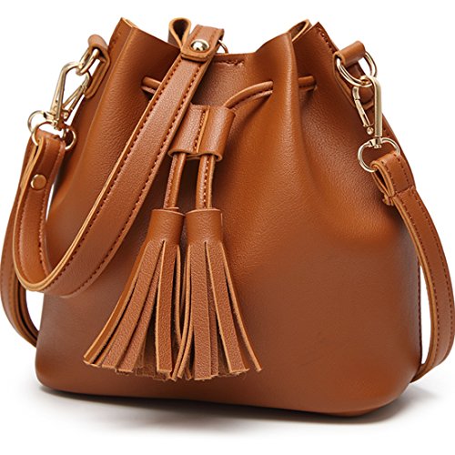 Beuteltasche kleine Geldbörse Kordelzug mit Quaste Crossbody Tasche Schulter Solobay Sling Tasche Armband Geldbörse mit langen Schultergurt & Safe Lock Button PU Ledertasche (Beuteltasche / Brown)