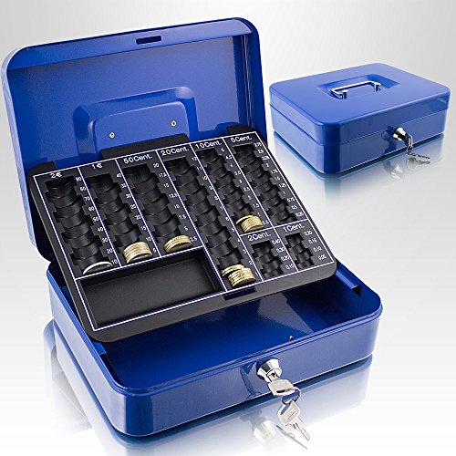 Geldkassette 25 cm groß abschließbar Münz Geld Zählbrett Kasse Safe Blau 250mm x 200mm x 70mm (B/T/H)
