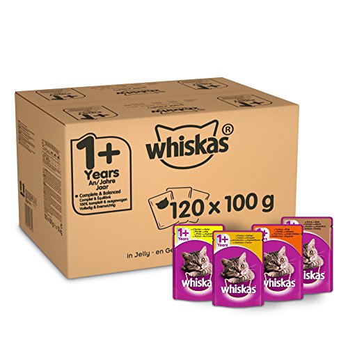 Whiskas Katzenfutter für erwachsene Katzen, saftige Geflügelauswahl in Gelee, 1+, 120 Portionsbeutel (120 x 100 g)
