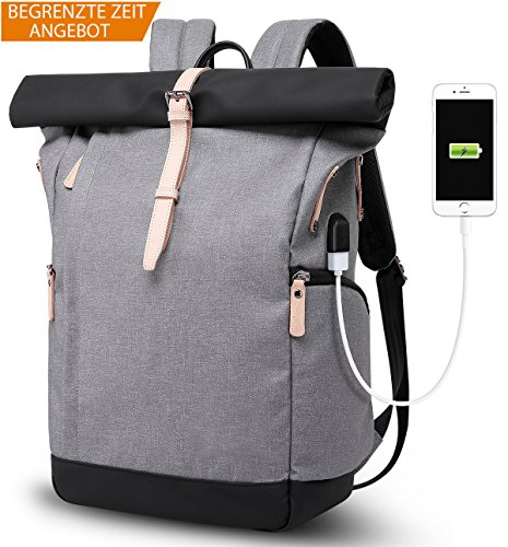 Laptop Rucksack Damen Herren, Roll Top Rucksack mit USB fur 15.6 Zoll Notebook, Anti-Theft Tasche Daypack Mode Rucksack Frauen, Wasserabweisend Schulrucksack Mädchen Teenager Schulranzen Jungen