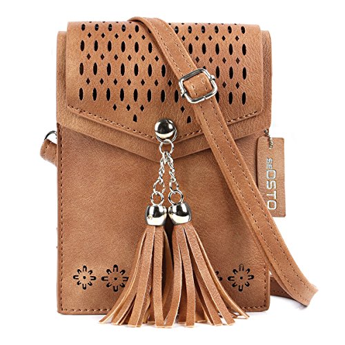 SeOSTO Frauen Mini Umhängetasche, Quaste Umhängetasche Handy Geldbörse Wallet (Braun-1)