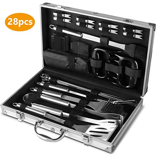 Xddias Grillbesteck BBQ Grill Zubehör 28 Set, Edelstahl Grillbesteck im Aluminium Koffer, Professionelle Camping im Freien Barbecue Grill Werkzeuge Zubehör Kit