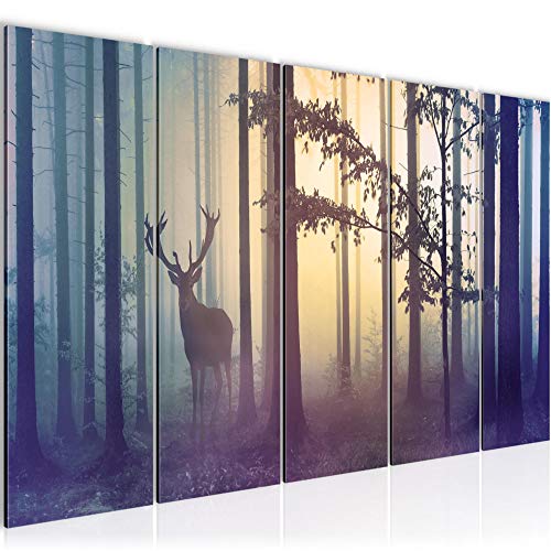 Bilder Wald Hirsch Wandbild 150 x 60 cm Vlies - Leinwand Bild XXL Format Wandbilder Wohnzimmer Wohnung Deko Kunstdrucke Blau 5 Teilig - MADE IN GERMANY - Fertig zum Aufhängen 013456a