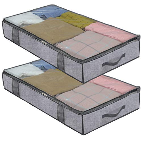 homyfort 2 Stück Premium Unterbettkommode mit Sichtfenster, Unterbett-Aufbewahrungstasche Kleideraufbewahrung, Decken Organisator Lagerbehälter, 4 Haltegriffen, 100x 50x 15 cm, Grau Leinen, XDUBBP2