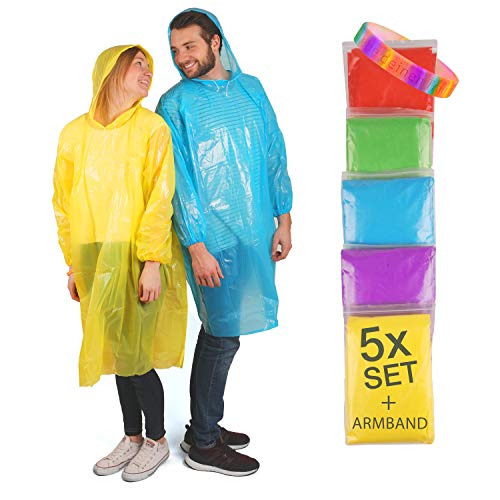 Cedelli Einweg & Mehrweg Regenponcho mit Kapuze | NEU | inkl. Festival-Armband | Premium 5er Pack Regencapes durchsichtig-transparent für Dich und Deine Familie!