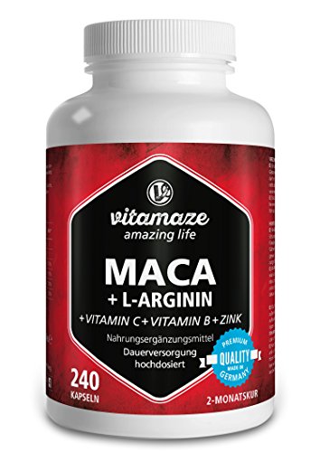 Maca Kapseln hochdosiert 4000 mg + L-Arginin 1800 mg + Vitamine + Zink, 240 Kapseln für 2 Monate, Qualitätsprodukt-Made-in-Germany jetzt zum Aktionspreis und 30 Tage kostenlose Rücknahme! 1er Pack (1 x 206,4 g)