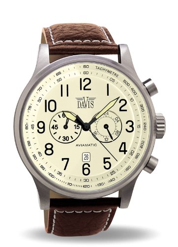 Davis – 0453 – Fliegeruhr im Vintage-Look 48 mm – Beiges Ziffernblatt - Chronograph Wasserdicht 50M – Abgestepptes Armband aus braunem Leder