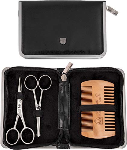 Drei Schwerter - Pflegeset'Gladio' für tägliche Bartpflege, Bartkamm, Bartschere, Nasenhaarschere, Kunst Leder Etui - Markenqualität (5526)