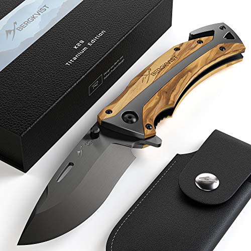 BERGKVIST Klappmesser 3-in-1 K29 Titanium [2019] Knife I Taschenmesser I Einhandmesser mit Holzgriff I Outdoor Messer I Jagdmesser mit Tasche, Schleifstein & eBook