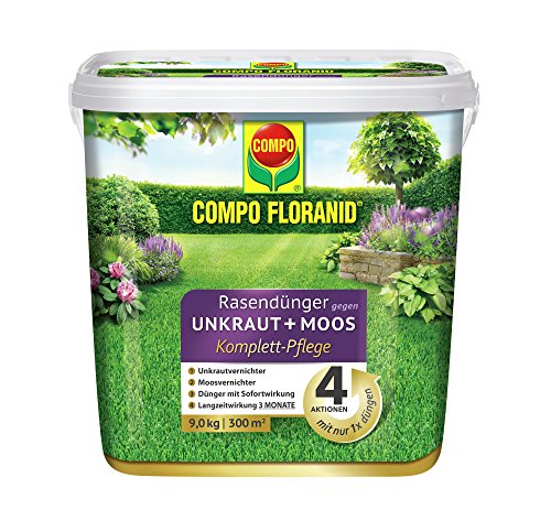 COMPO FLORANID Rasendünger gegen Unkraut+ Moos Komplett-Pflege, 3 Monate Langzeitwirkung, Feingranulat, 9 kg, 300m²