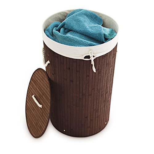 Relaxdays Wäschekorb Bambus rund Ø 41 cm, faltbare Wäschetruhe, Volumen 80 Liter, Wäschesack aus Baumwolle, braun