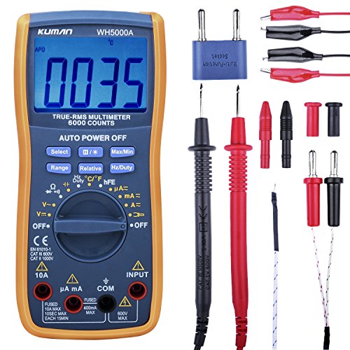 Kuman Digital Multimeter, True RMS6000 zählt Multimeters Manuelle und Auto-Rang, Misst Spannung, Strom, Widerstand, Kontinuität, Kapazität, Frequenz, Testet Dioden, Transistoren, Temperatur WH5000A